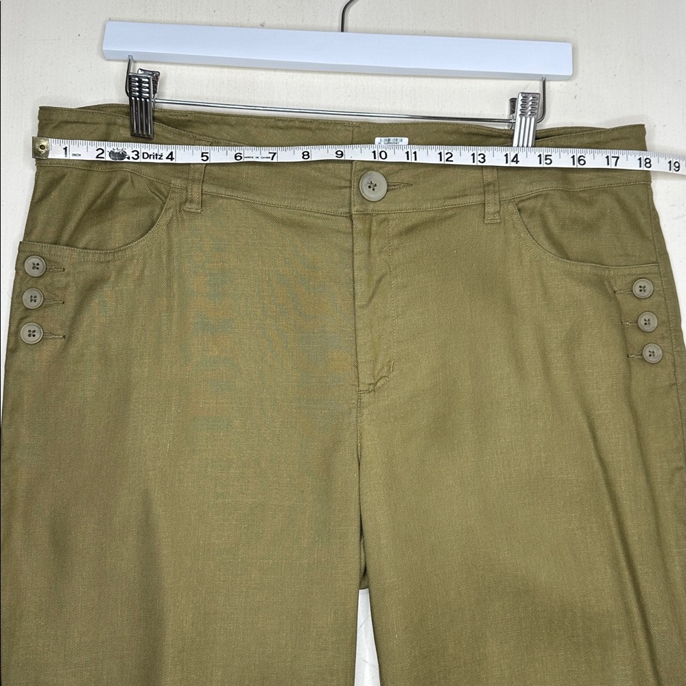Cabi Women's‎ Linen Blend Charlie Trouser Size 14 Olive Green Flared Pant #5314L - Picture 12 of 16